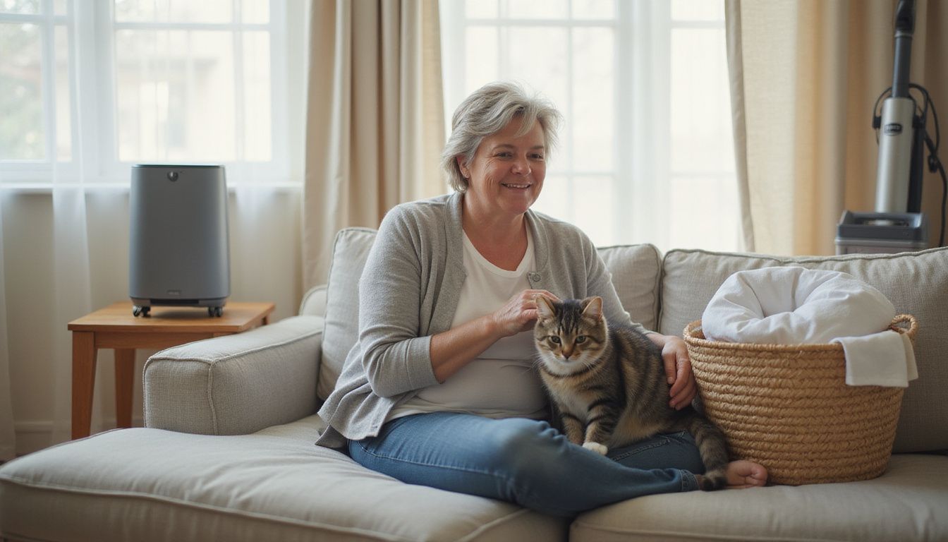 A middle-aged woman joyfully interacts with her fluffy cat on a cozy, inviting couch in a lived-in living room. A middle-aged woman joyfully interacts with her fluffy cat on a cozy, inviting couch in a lived-in living room.