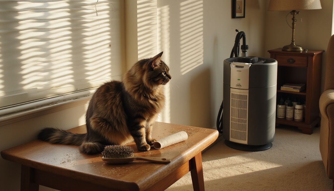 A long-haired domestic cat rests on a grooming table surrounded by pet care accessories and a cozy, lived-in environment. A long-haired domestic cat rests on a grooming table surrounded by pet care accessories and a cozy, lived-in environment.