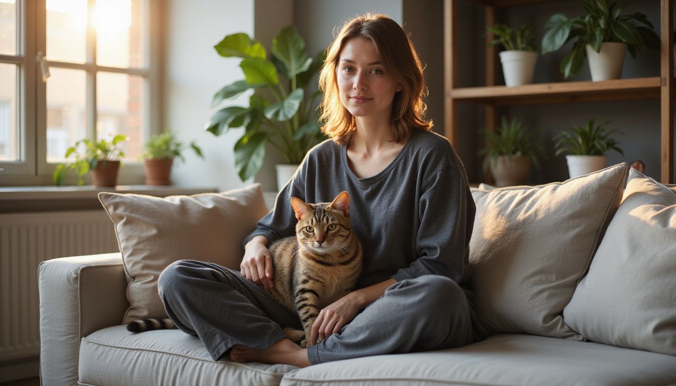 A serene young woman in comfortable loungewear relaxes with her Bengal cat on a cozy gray couch. A serene young woman in comfortable loungewear relaxes with her Bengal cat on a cozy gray couch.