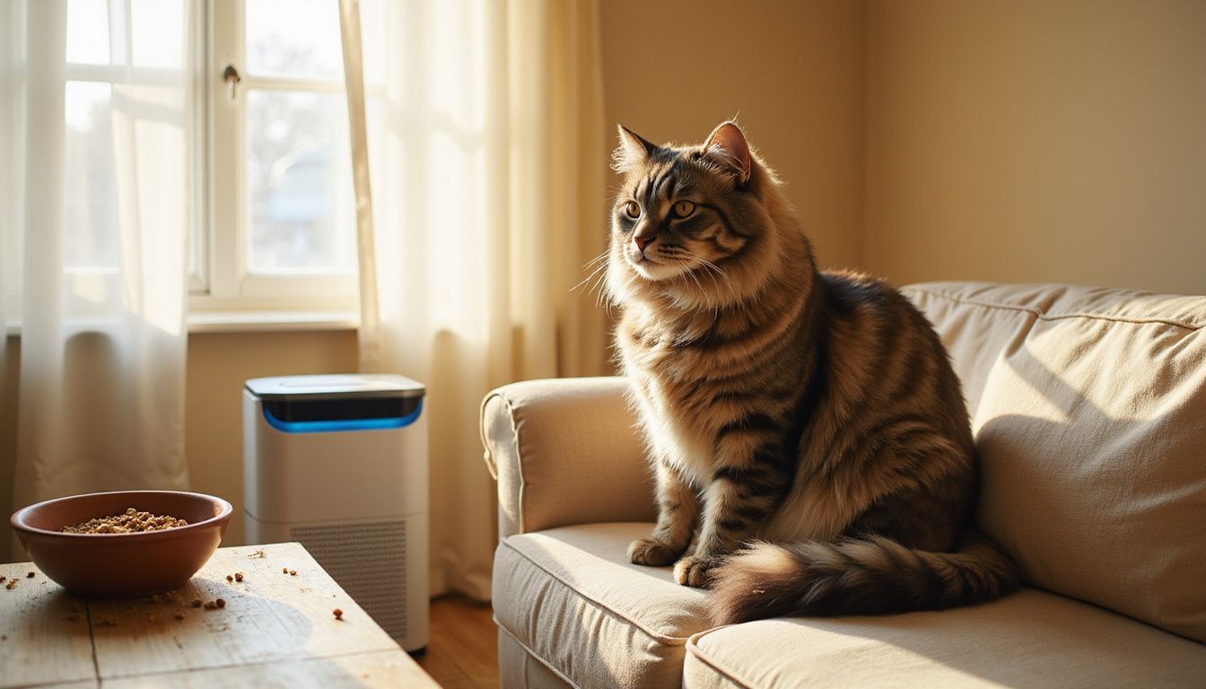 A large Siberian cat with multi-toned fur sits elegantly on a cream-colored couch beside a wooden table with food. A large Siberian cat with multi-toned fur sits elegantly on a cream-colored couch beside a wooden table with food.