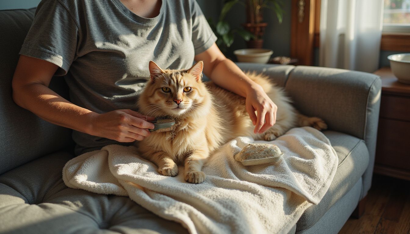 A middle-aged woman grooms a long-haired tabby cat on her lap, surrounded by cozy domestic imperfections. A middle-aged woman grooms a long-haired tabby cat on her lap, surrounded by cozy domestic imperfections.