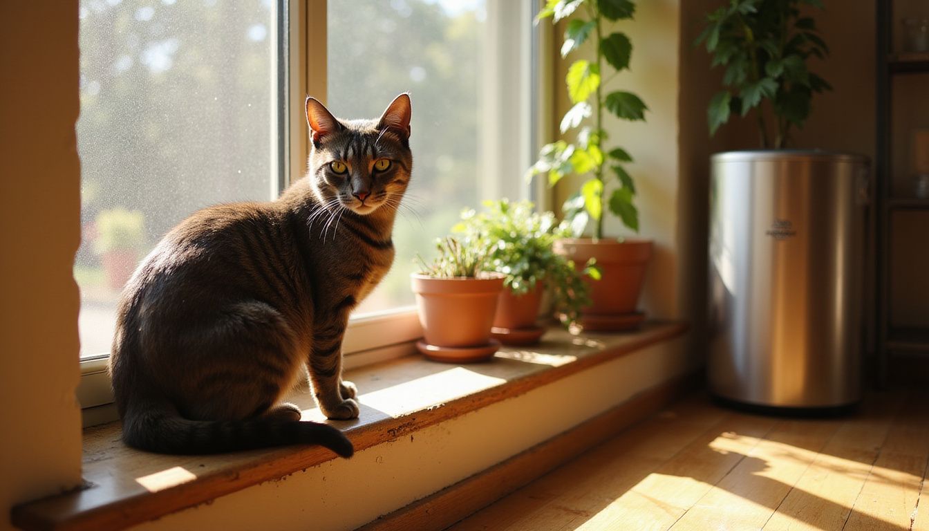 A sleek, short-haired cat sits gracefully on a weathered oak windowsill among potted plants. A sleek, short-haired cat sits gracefully on a weathered oak windowsill among potted plants.