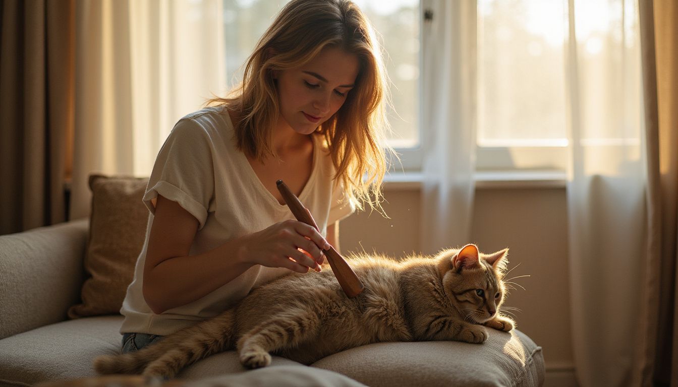 A young woman gently brushes a curly-coated cat on her lap while seated on a cozy sofa. A young woman gently brushes a curly-coated cat on her lap while seated on a cozy sofa.