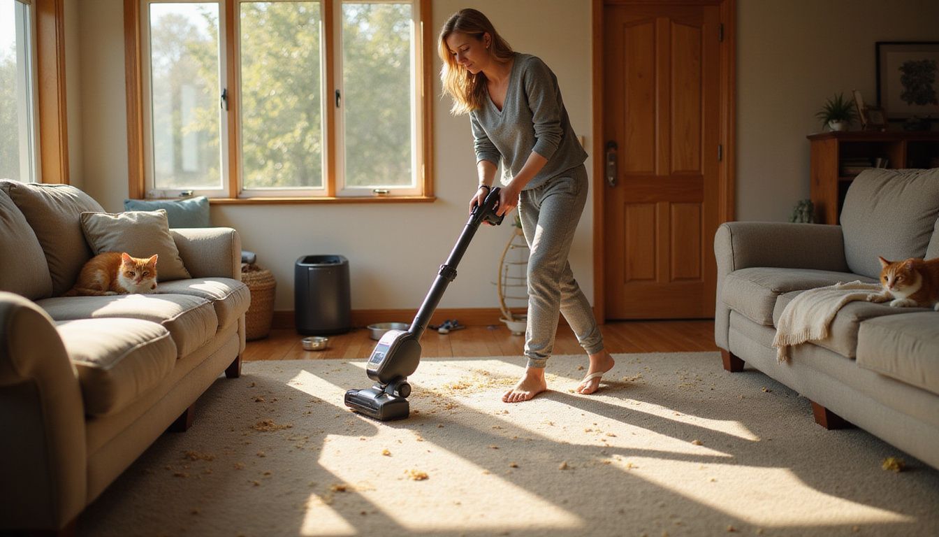 A middle-aged woman in loungewear vacuums her living room, managing pet hair and allergens amidst a cozy home. A middle-aged woman in loungewear vacuums her living room, managing pet hair and allergens amidst a cozy home.