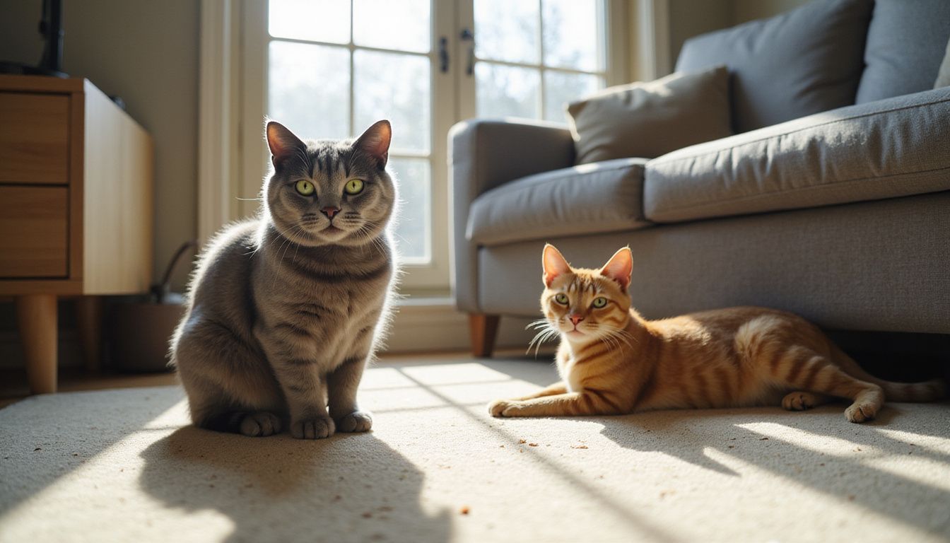 A Russian Blue cat and a Bengal cat relax in a cozy, well-used living room. A Russian Blue cat and a Bengal cat relax in a cozy, well-used living room.