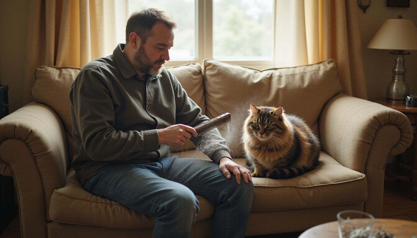 A man combs his Siberian cat on a worn couch, surrounded by pet hair and a cozy domestic atmosphere. A man combs his Siberian cat on a worn couch, surrounded by pet hair and a cozy domestic atmosphere.