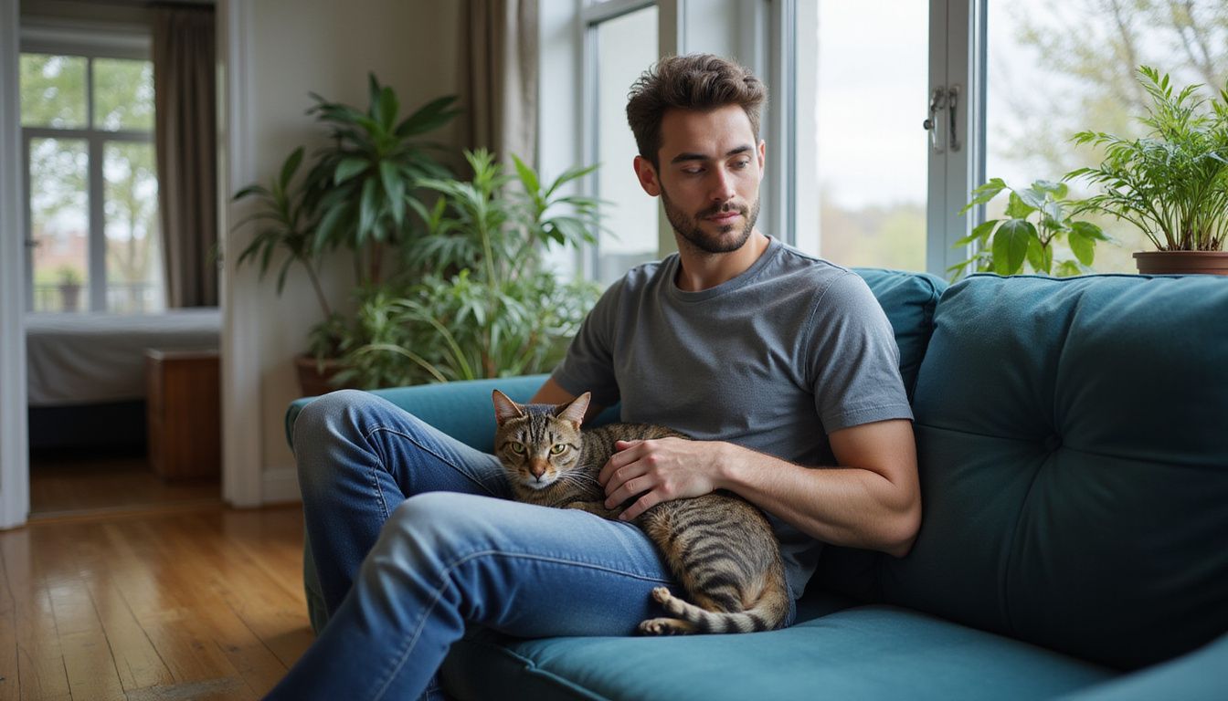 A relaxed man gently pets a Devon Rex cat on his lap while sitting on a jewel-toned sofa. A relaxed man gently pets a Devon Rex cat on his lap while sitting on a jewel-toned sofa.