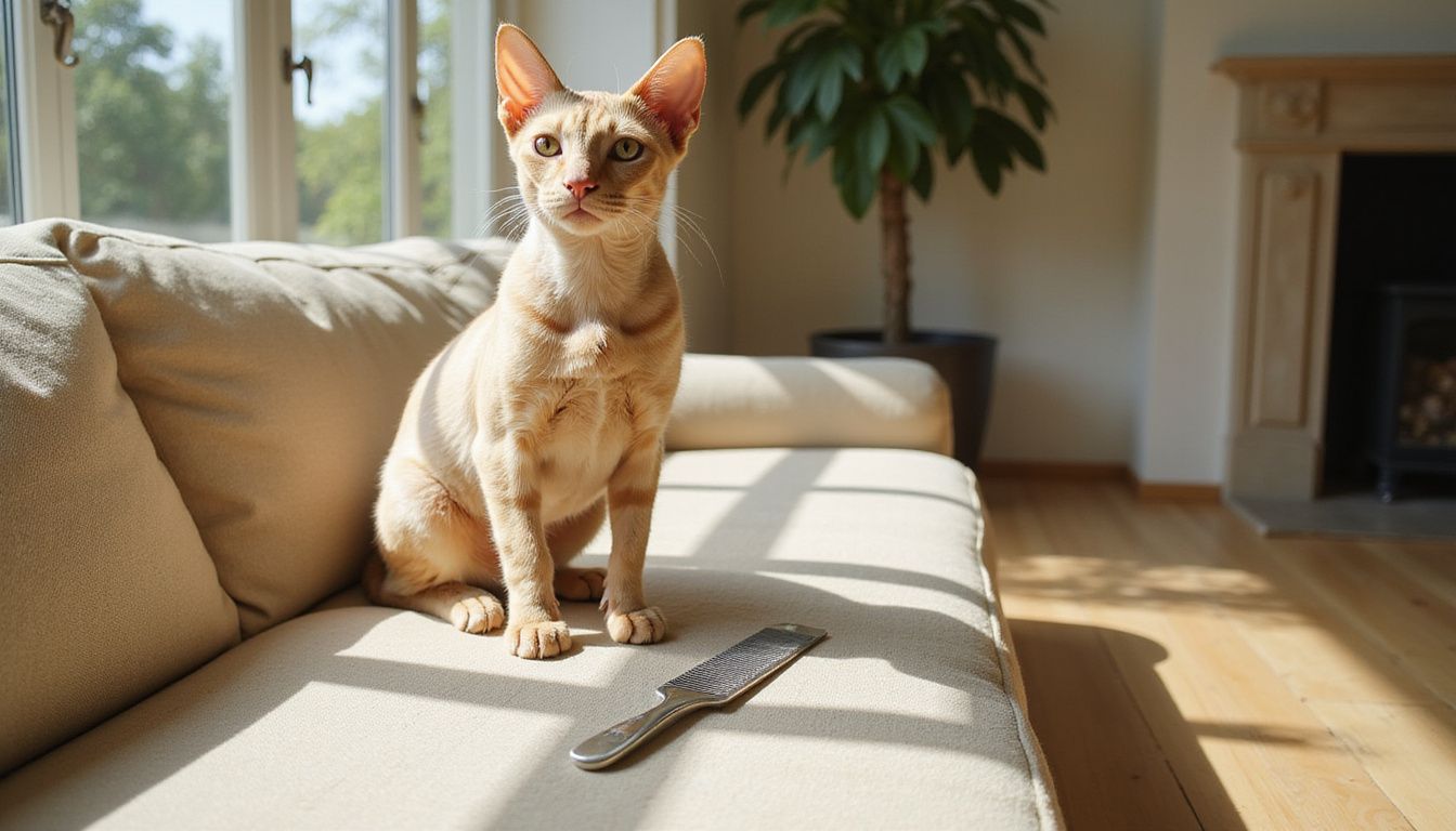 A Cornish Rex cat sits on a cream sofa beside a grooming comb in a cozy, well-lit living room. A Cornish Rex cat sits on a cream sofa beside a grooming comb in a cozy, well-lit living room.