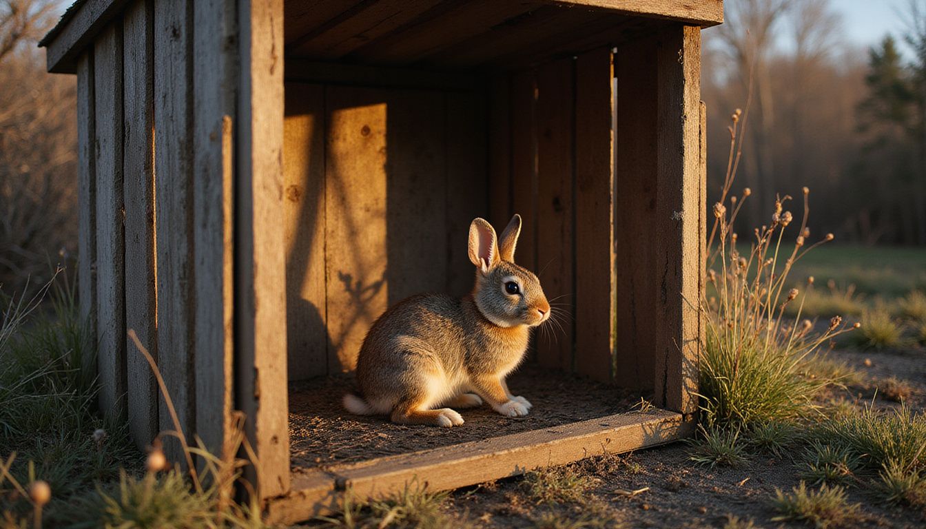 A distressed rabbit anxiously awaits in a dilapidated wooden cage. A distressed rabbit anxiously awaits in a dilapidated wooden cage.