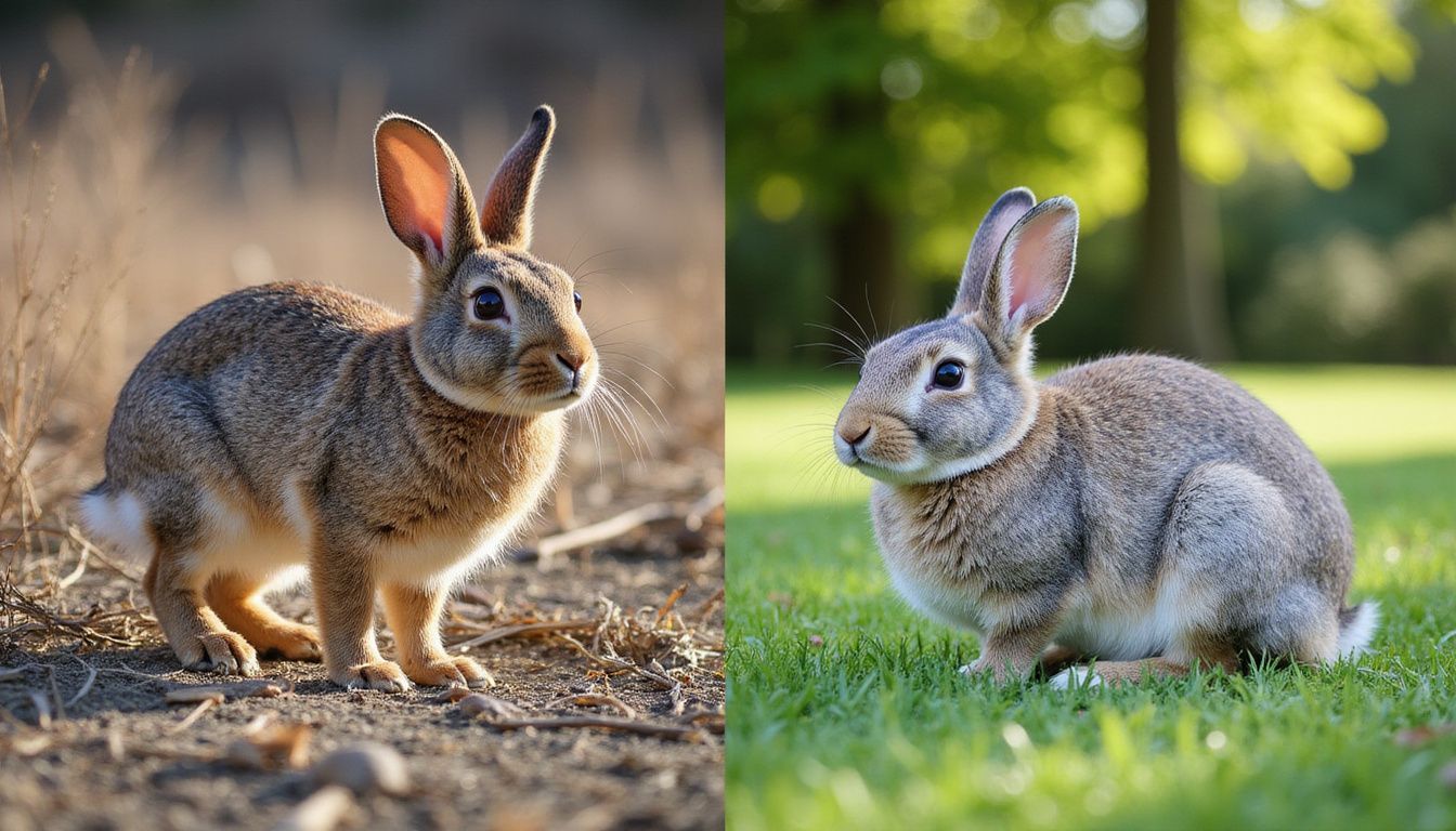 A wild cottontail rabbit contrasts with a relaxed domestic lop-eared rabbit. A wild cottontail rabbit contrasts with a relaxed domestic lop-eared rabbit.
