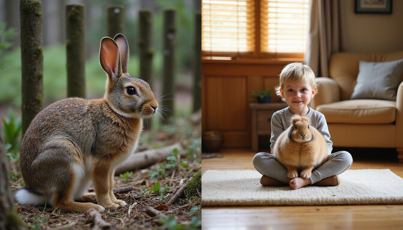 A wild rabbit contrasts with a relaxed domestic rabbit and child. A wild rabbit contrasts with a relaxed domestic rabbit and child.