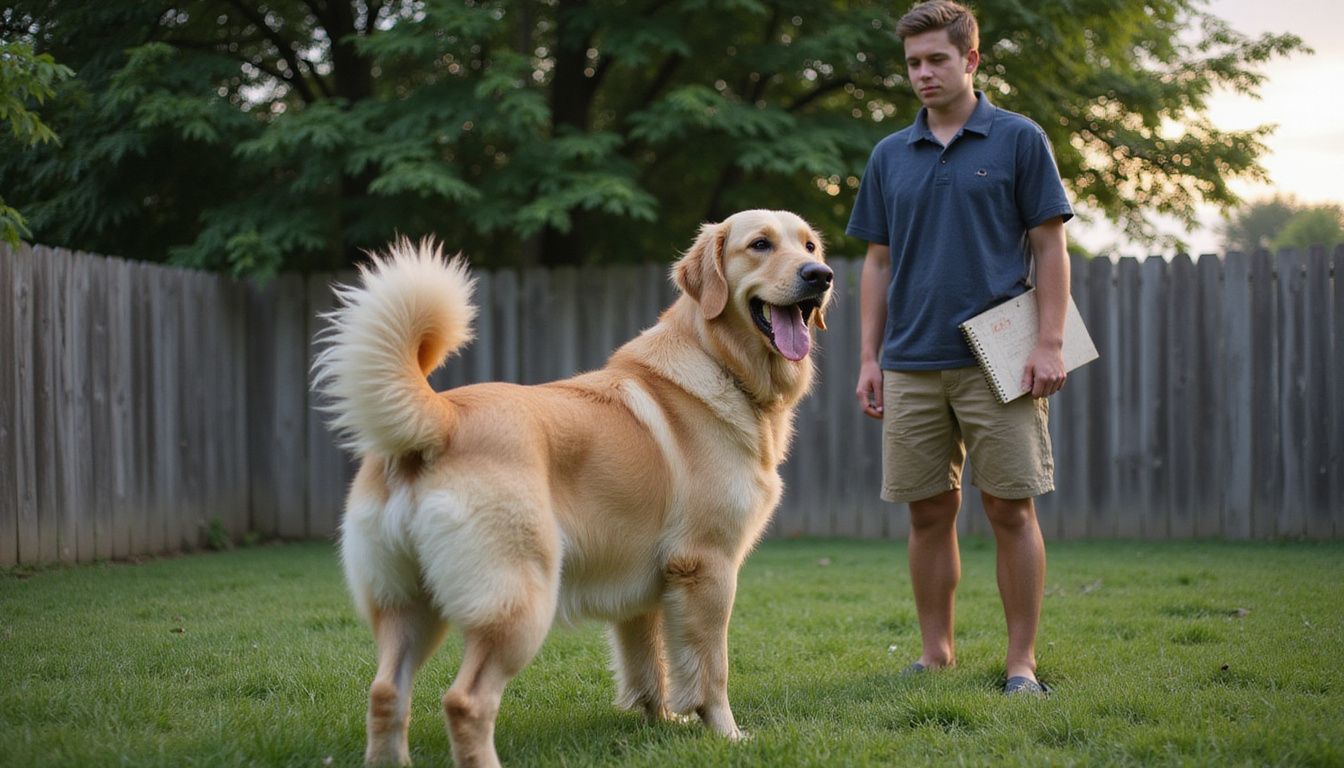 A golden retriever barks while a cautious human observes nearby. A golden retriever barks while a cautious human observes nearby.