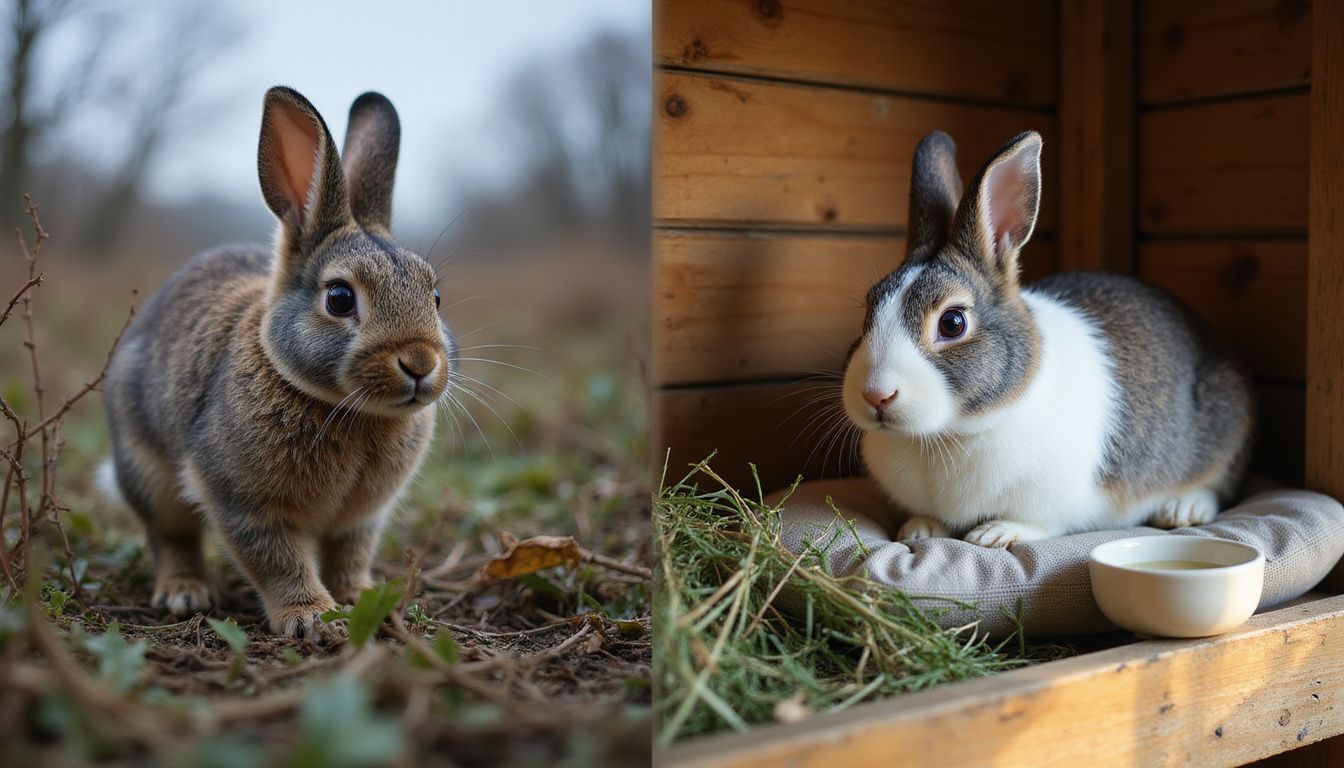 A wild rabbit contrasts sharply with a relaxed domestic rabbit. A wild rabbit contrasts sharply with a relaxed domestic rabbit.