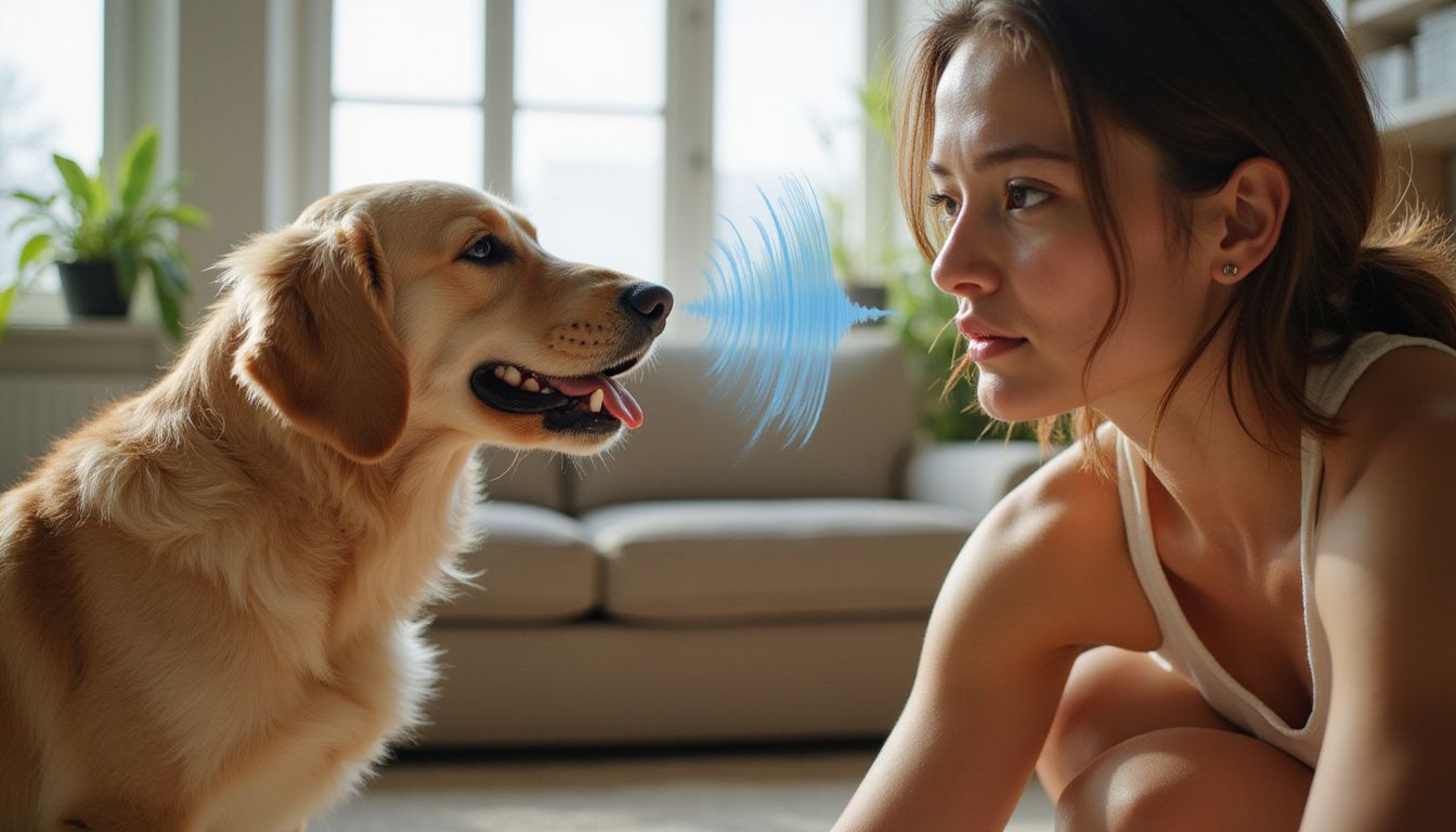 A woman kneels, intensely engaging with a barking golden retriever. A woman kneels, intensely engaging with a barking golden retriever.