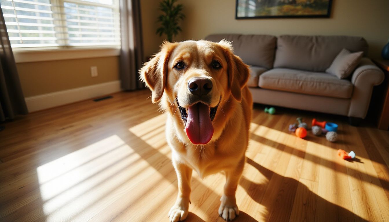A golden retriever barks joyfully in a cozy living room. A golden retriever barks joyfully in a cozy living room.