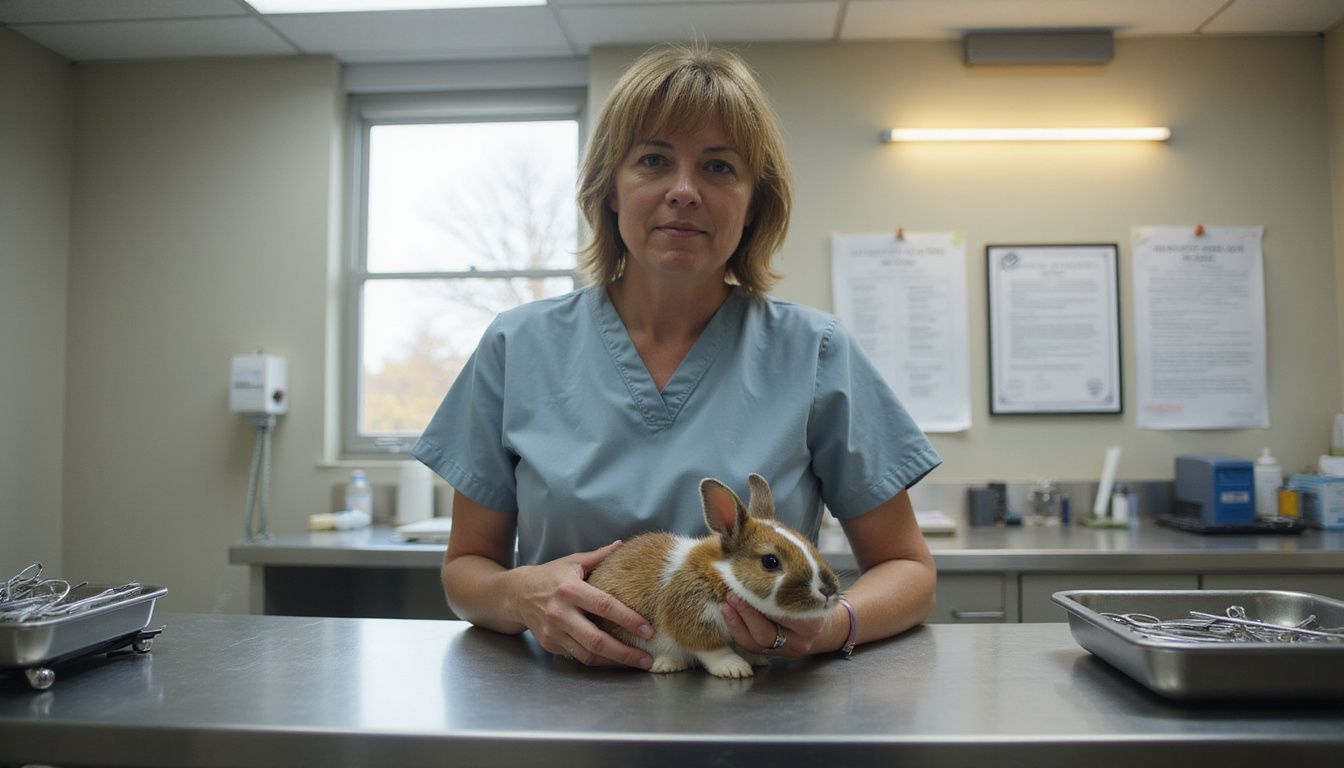 A veterinarian examines a relaxed rabbit in a clinical setting. A veterinarian examines a relaxed rabbit in a clinical setting.