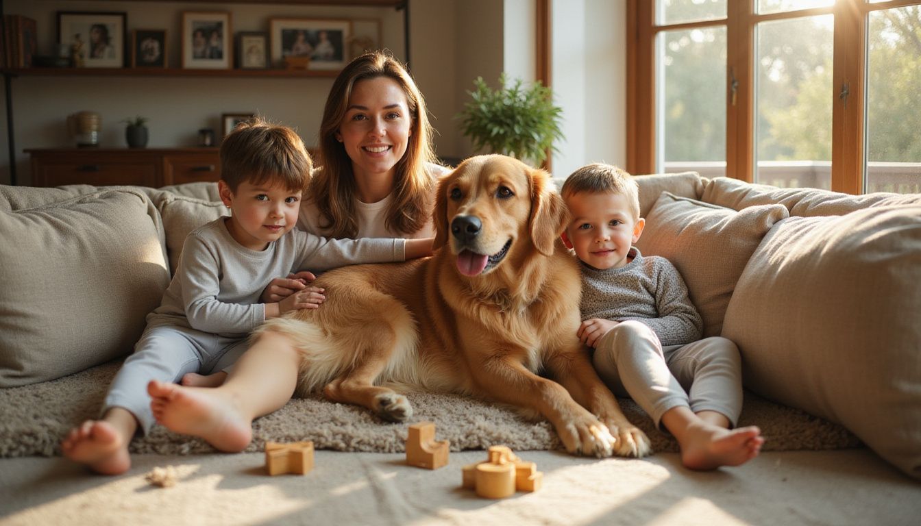 A family enjoys a candid moment together on a sofa, accompanied by their serene Golden Retriever.