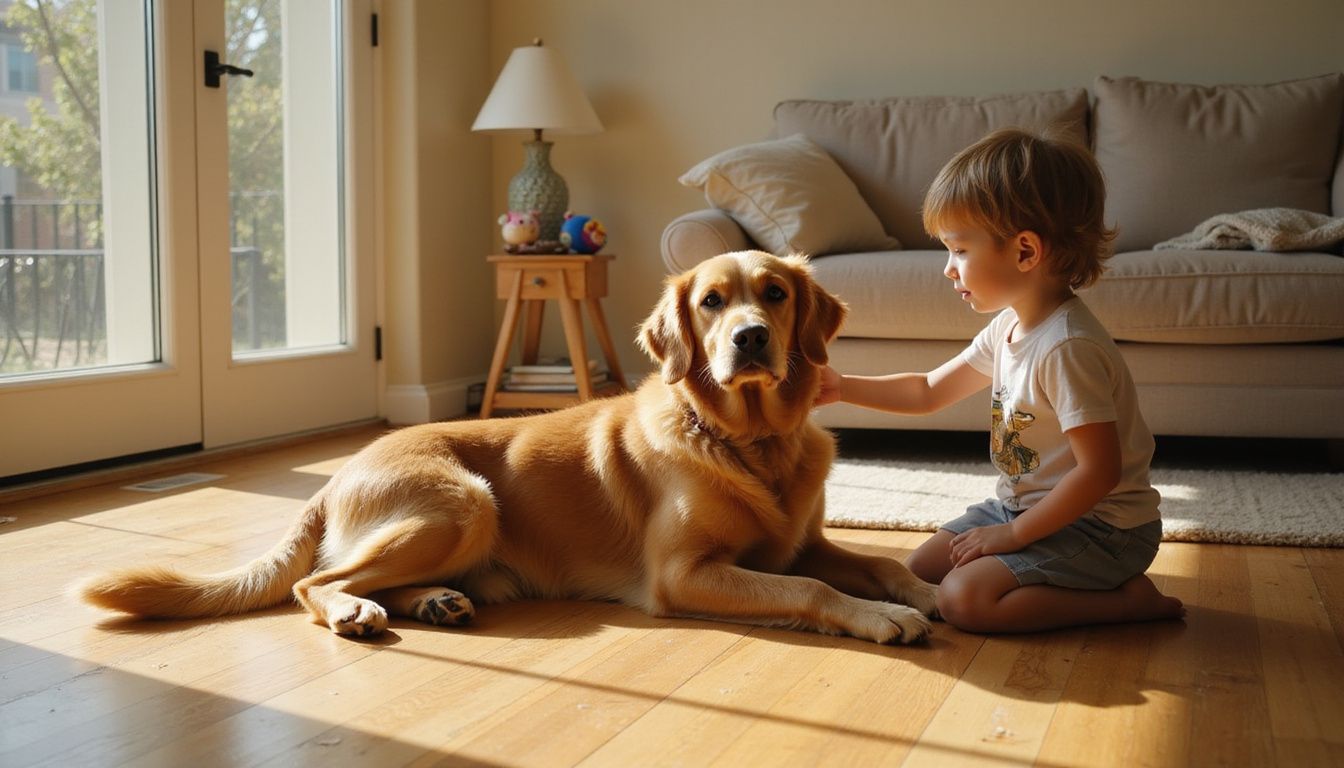 A golden retriever and a five-year-old child share a tender moment on hardwood flooring, showcasing warmth and connection.