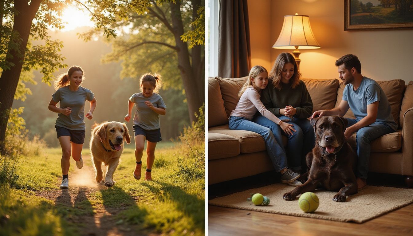 A family joyfully interacts with their dogs in an energetic outdoor scene and a cozy indoor setting.