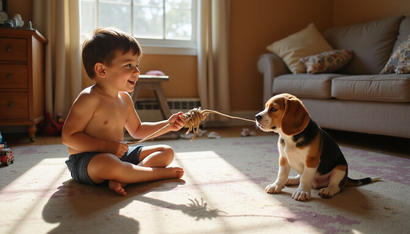 A child plays tug-of-war with a Beagle puppy on a worn carpet, both displaying joyful energy and engagement.