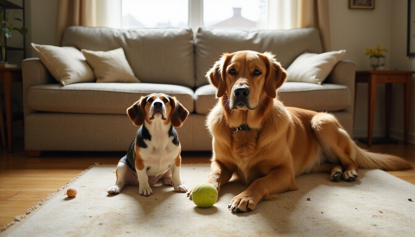 A Beagle and a Golden Retriever sit together on a worn rug, surrounded by toys in a cozy living room.