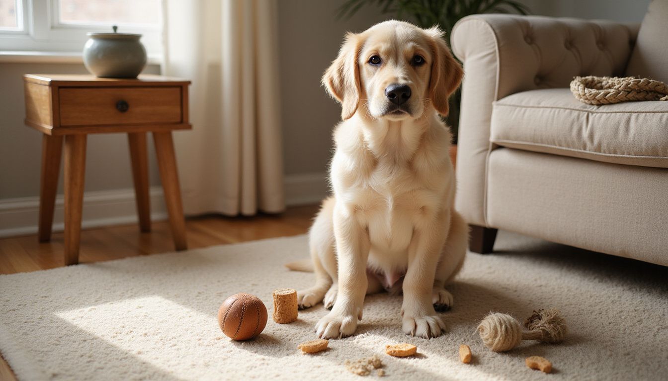 A golden retriever puppy sits on a carpet surrounded by dog toys and training treats in a cozy living room.