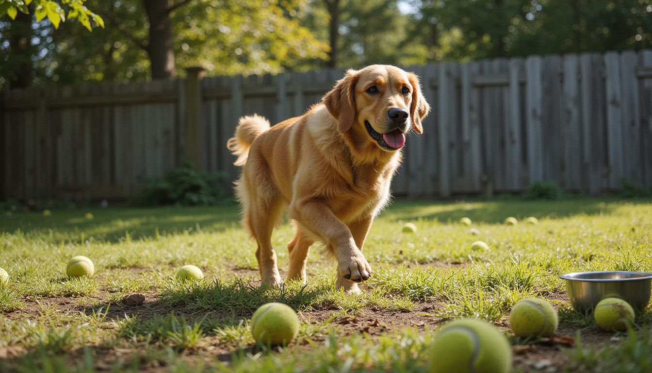 A golden retriever sprints through an overgrown backyard, surrounded by worn tennis balls and a tipped water bowl.