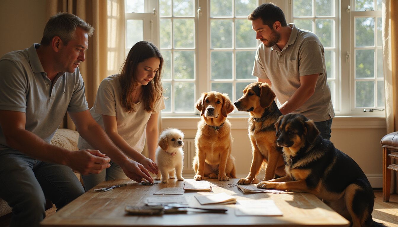 A family of four interacts lovingly with their three dogs in a cozy living room filled with dog grooming supplies.