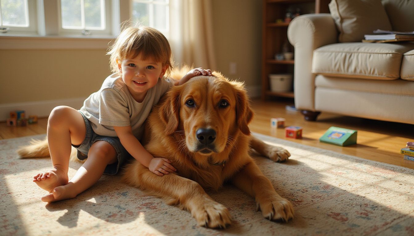 A child gently rests their hand on a Golden Retriever lying on a well-worn Persian-style rug in a cozy living room.