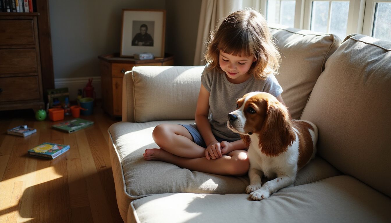 An eight-year-old child relaxes on a sofa, lovingly petting a Cavalier King Charles Spaniel beside them.