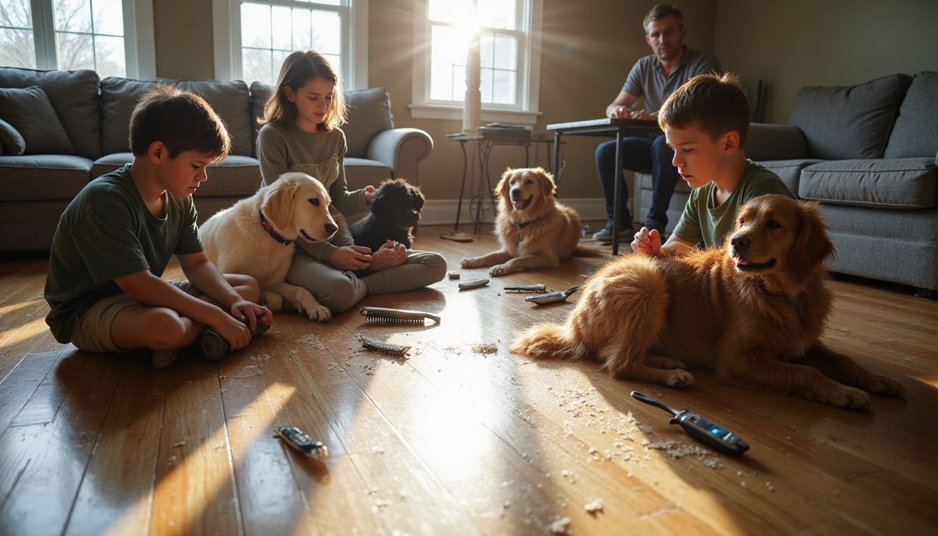 A family engages in a grooming session with four dogs on their living room floor, surrounded by grooming tools.