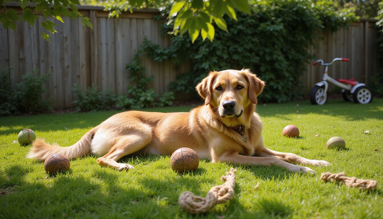 A golden retriever relaxes on a lush lawn surrounded by toys and garden elements in a residential backyard.