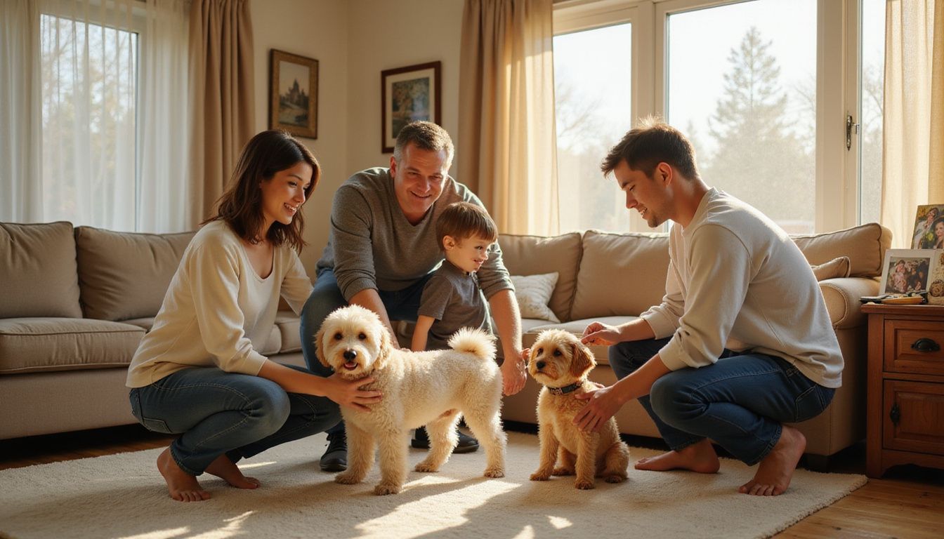 A warm family portrait captures four smiling members with two small dogs in their cozy living room setting.
