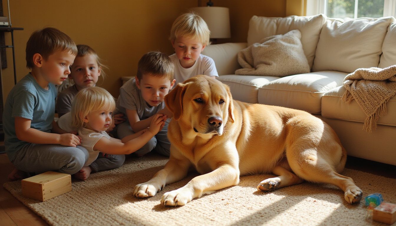 A calm Labrador Retriever lies on a rug, surrounded by children engaging with it in a playful, affectionate moment.