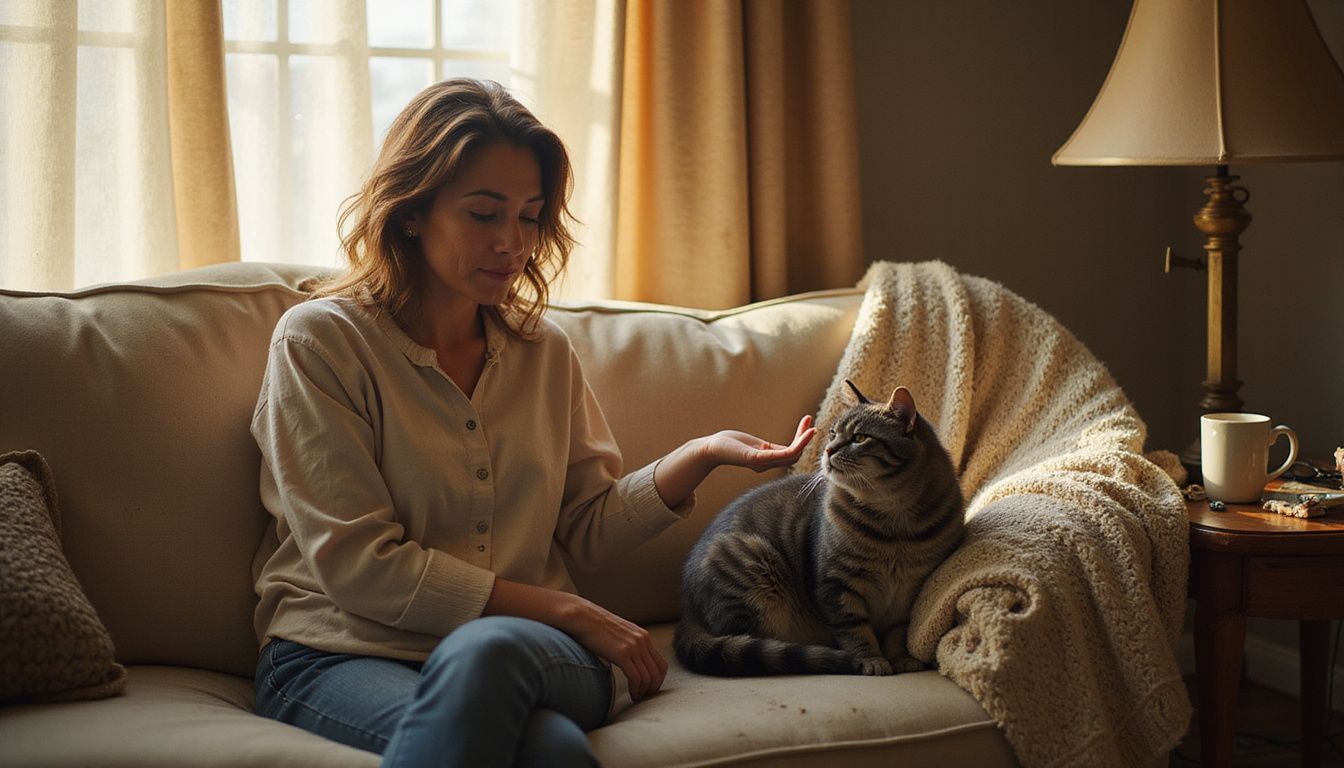A woman gently interacts with a relaxed cat in a cozy, lived-in living room, radiating warmth and affection.