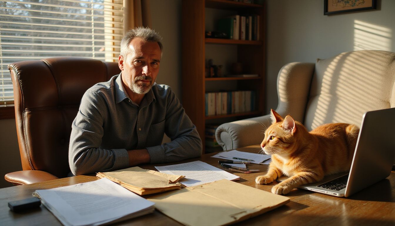 A contemplative man sits at a cluttered desk, gazing at a relaxed orange tabby cat nearby.