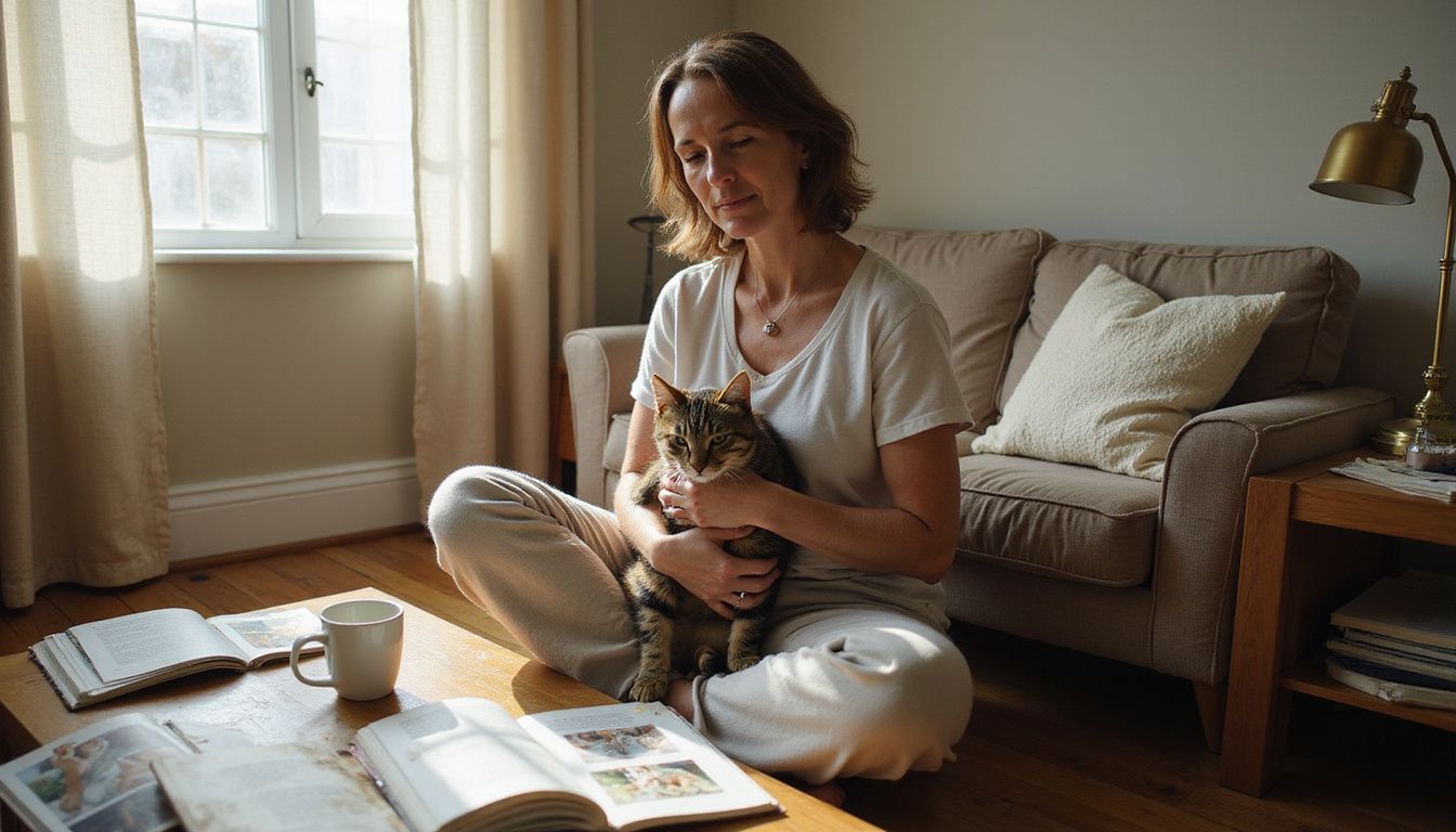 A middle-aged woman sits cross-legged with a tabby cat in her lap, surrounded by adoption paperwork in a cozy living room.