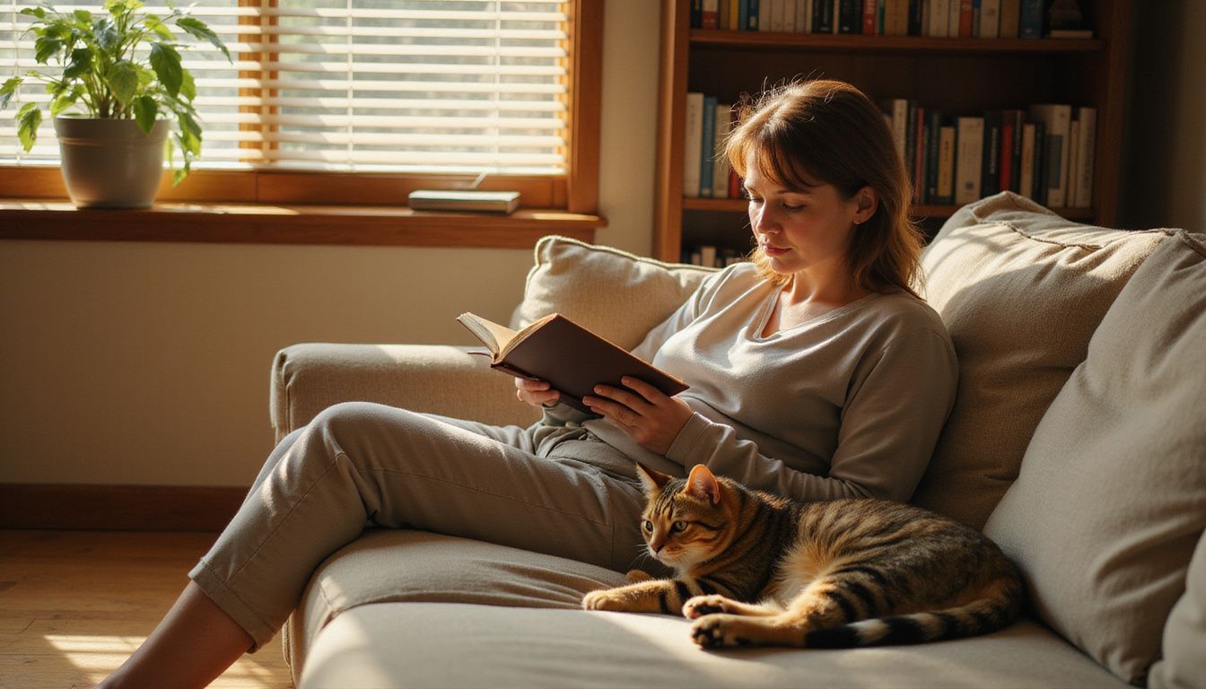 A woman reads on a sofa while her relaxed tabby cat lounges beside her, embodying quiet companionship.