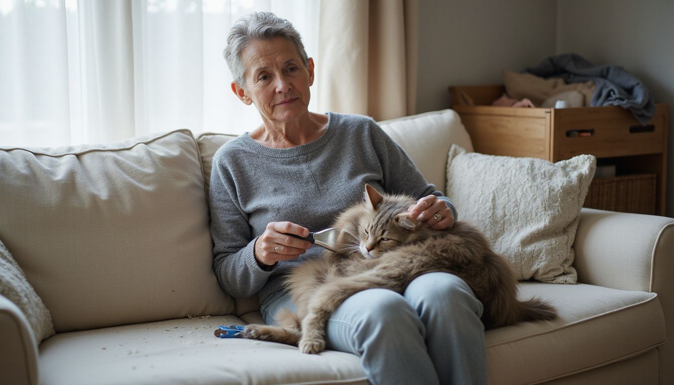 A middle-aged woman gently brushes a relaxed long-haired cat while seated on a cozy couch amidst everyday living room clutter.