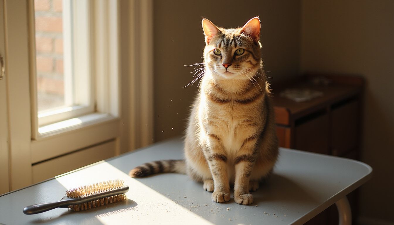 A relaxed domestic shorthair cat sits on a grooming table, surrounded by floating dust and fur particles.