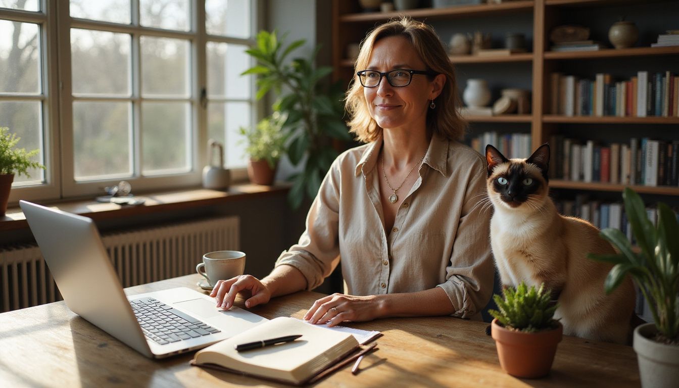 A woman works at a desk, warmly interacting with her Siamese cat while surrounded by her workspace.