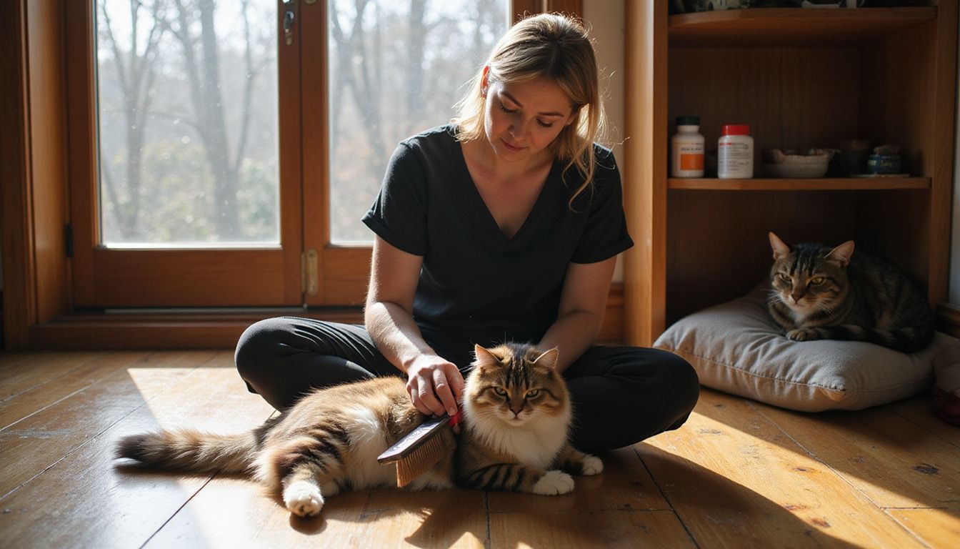 A woman gently grooms a long-haired Himalayan cat on her lap amidst grooming tools and another cat nearby.