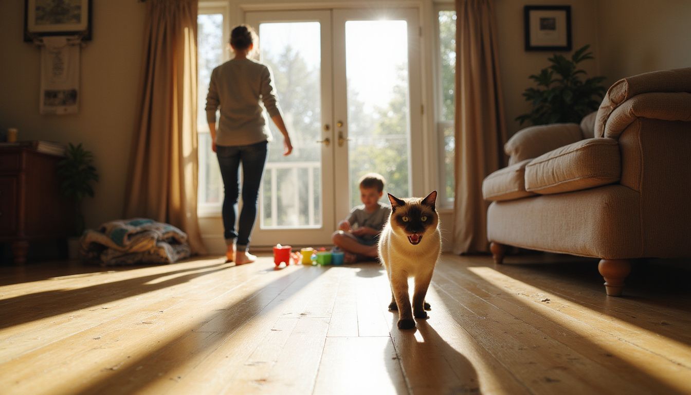 A woman walks through a doorway with a meowing Tonkinese cat following her, while a child plays nearby.
