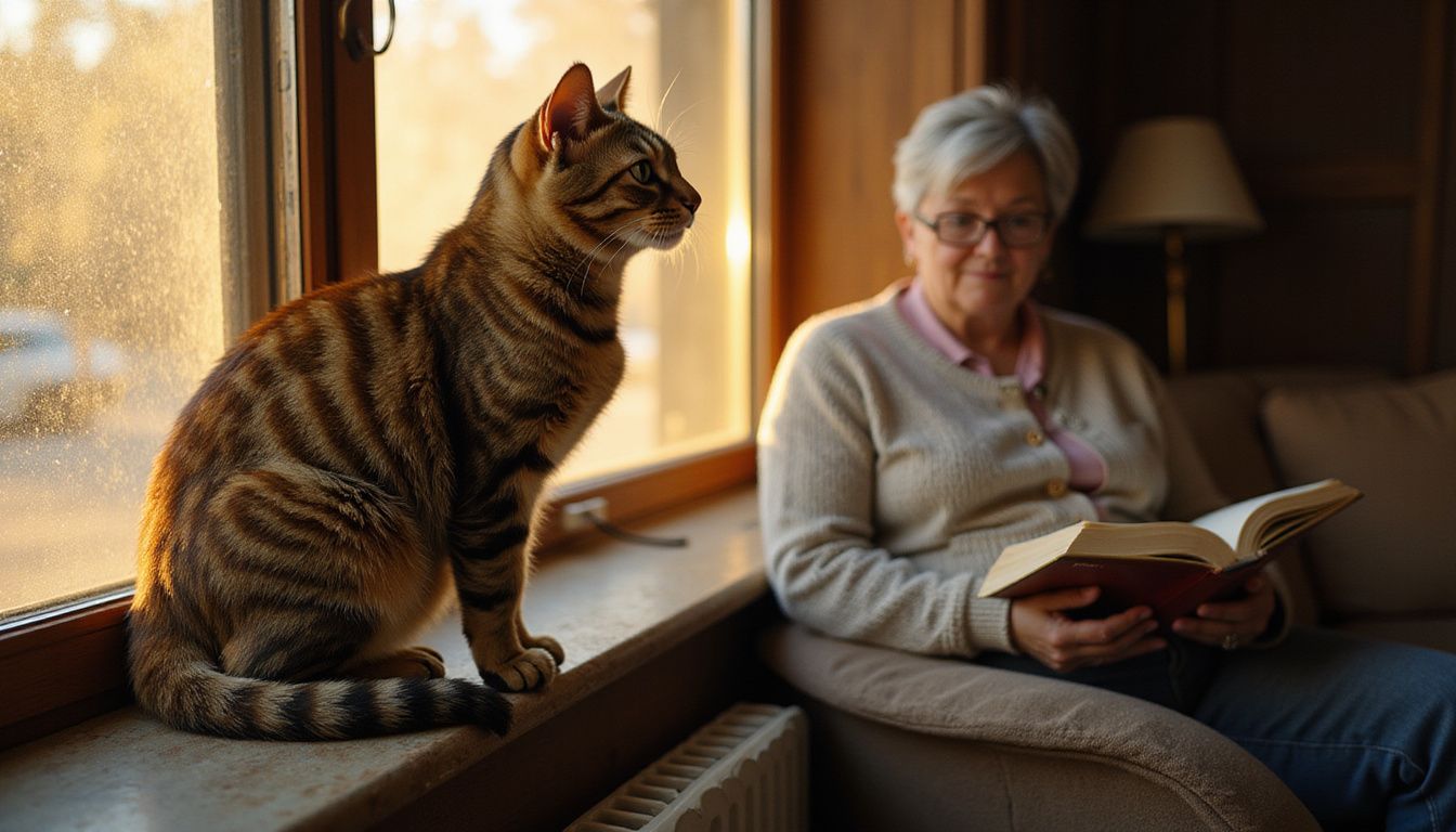 A relaxed tabby cat sits on a windowsill while a middle-aged woman reads on a worn sofa nearby.