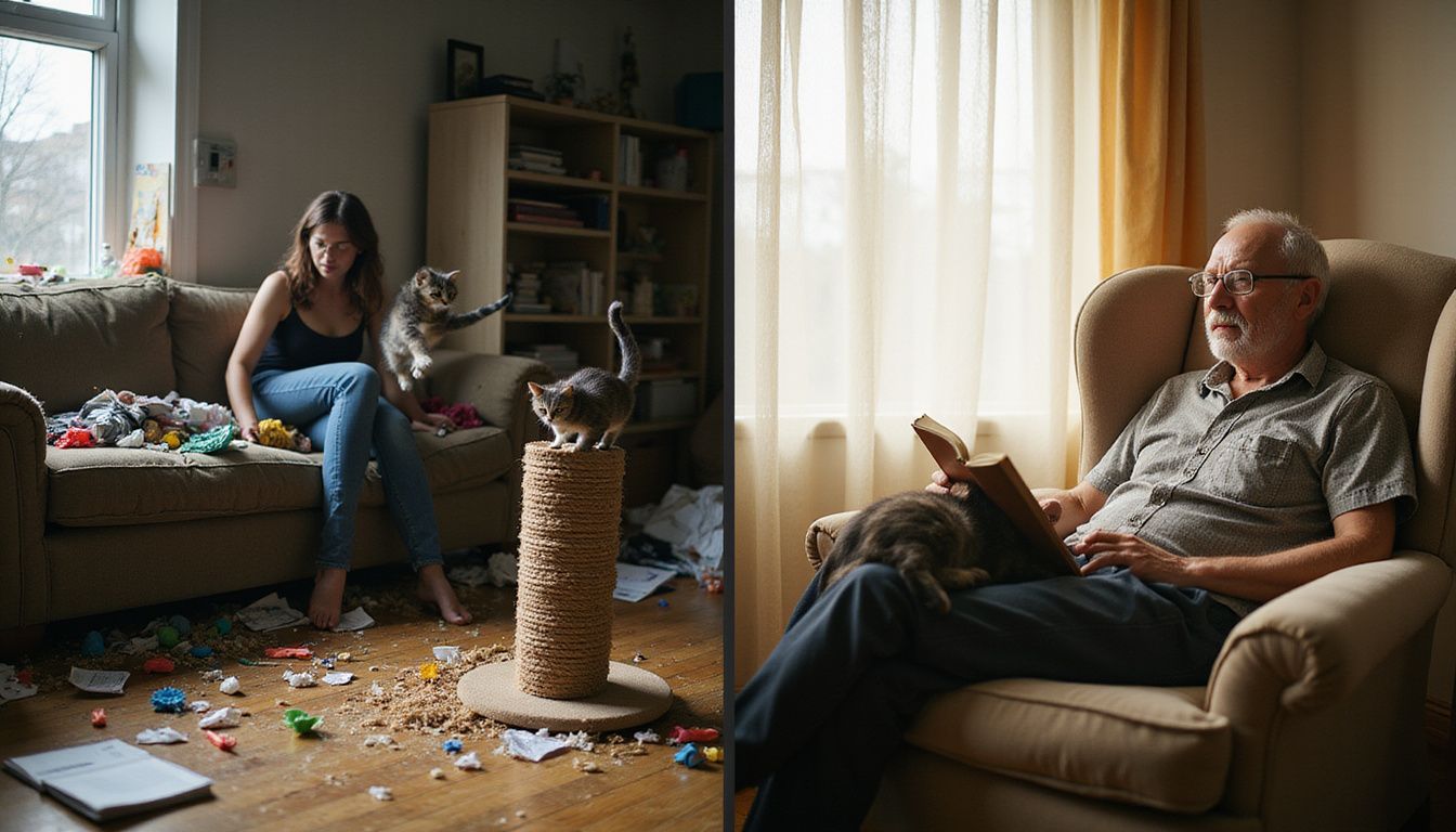 A split-frame photo contrasts a chaotic kitten scene with a serene man and content cat in cozy, lived-in spaces.