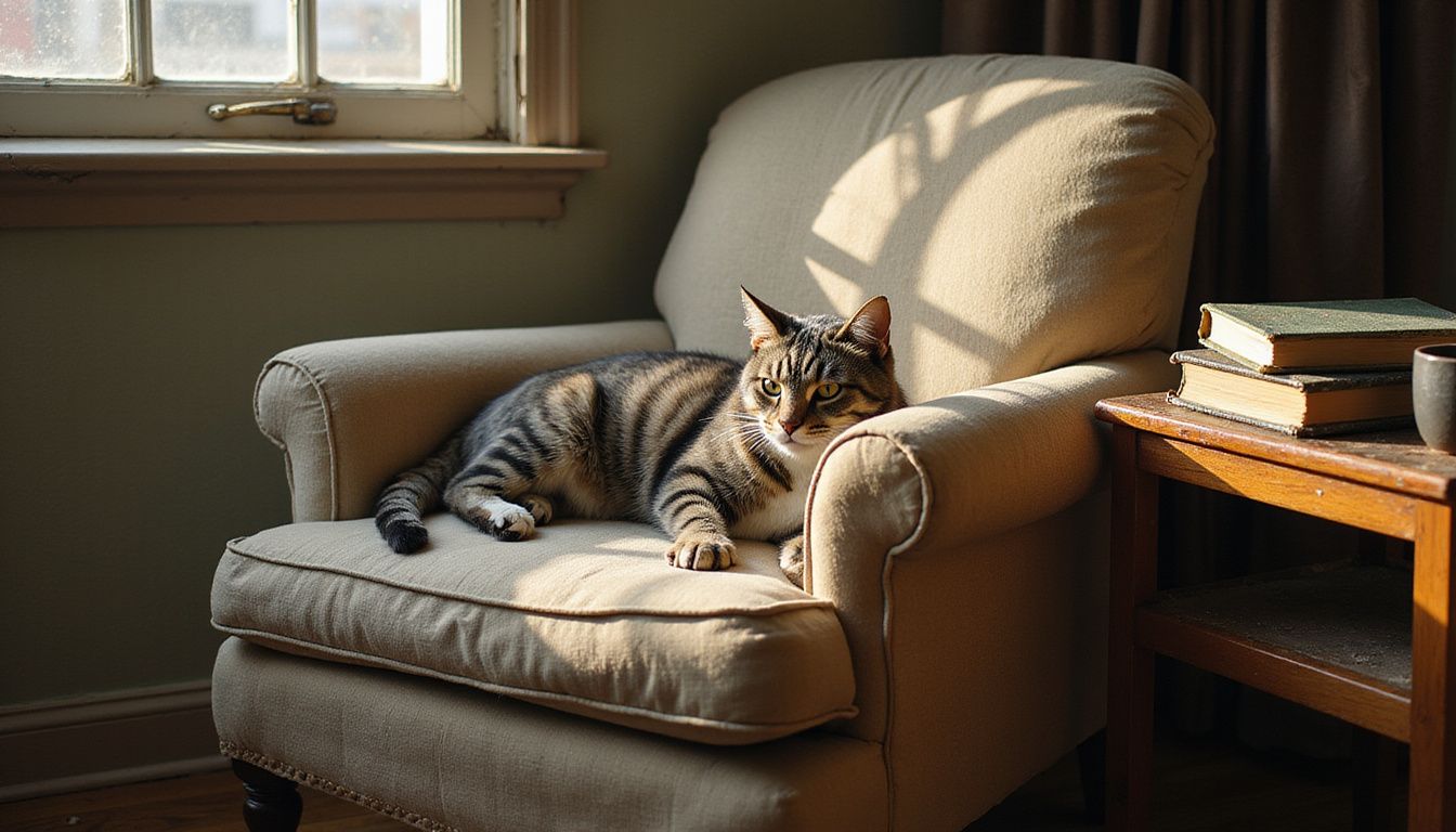 A senior cat with matted fur rests on a worn armchair, embodying the dignity of aging in a cozy apartment.