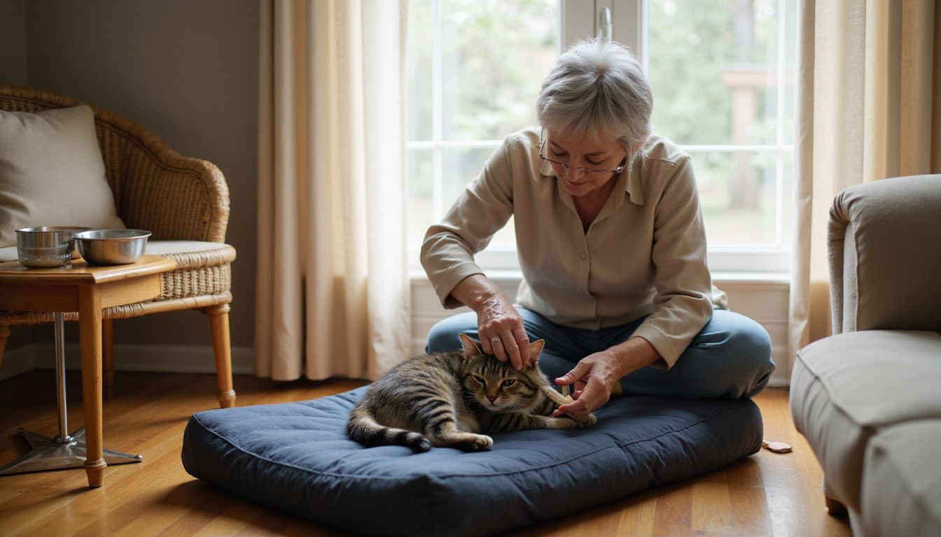 A senior woman tenderly brushes her elderly tabby cat on a cozy orthopedic bed in a warm living room.