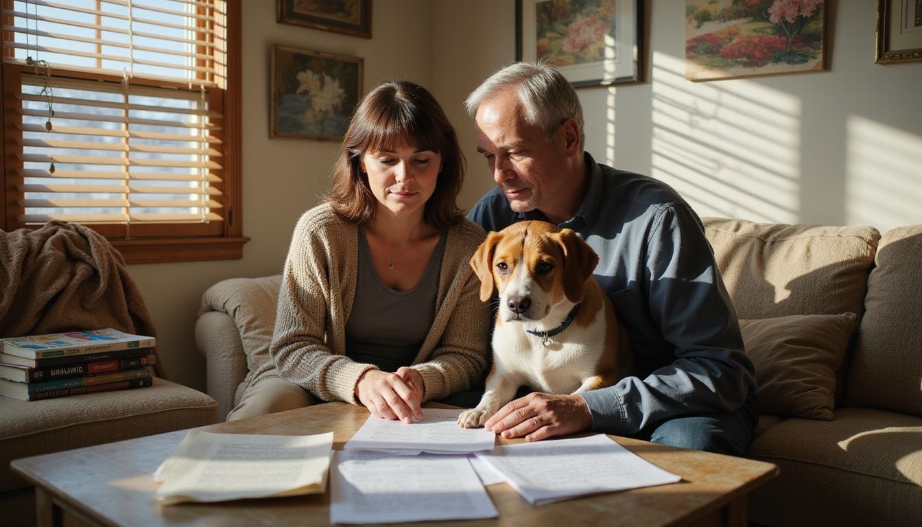 A middle-aged couple nervously reviews adoption papers while their small rescue dog observes them with cautious optimism.