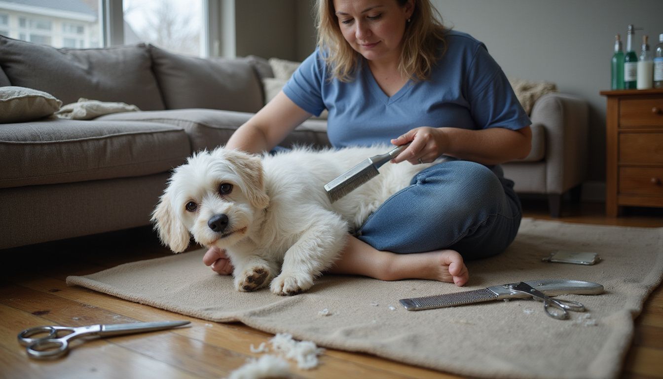 A woman attentively grooms a small Maltese dog on a cozy couch surrounded by grooming tools and loose fur.