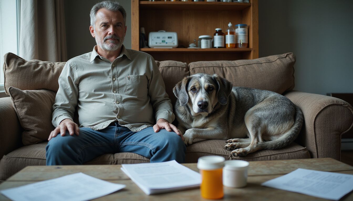 A tired man sits with his elderly dog on a worn couch, surrounded by veterinary documents, reflecting a moment of concern.
